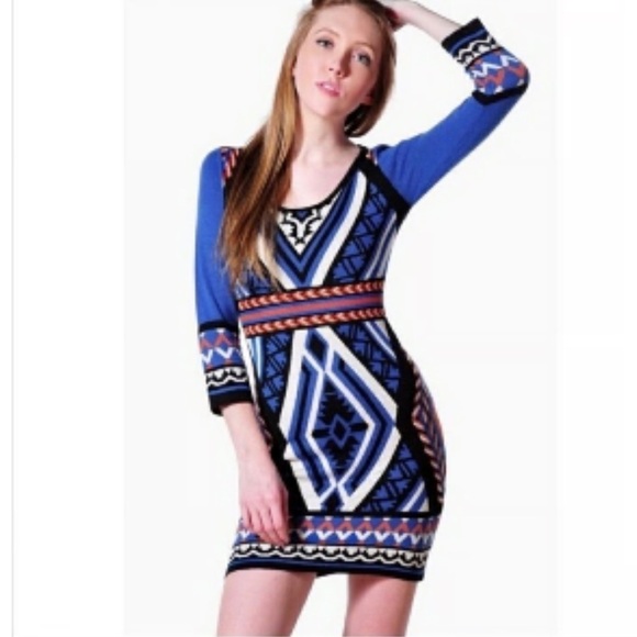 FLYING MONKEY ANTHROPOLOGIE Aztec Sweater Dress Bodycon Southwestern Festival M - Picture 1 of 5